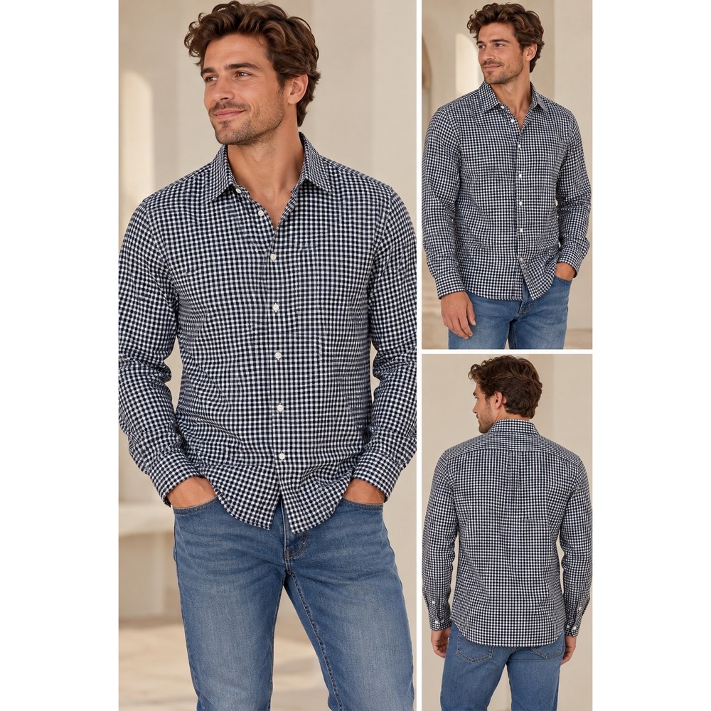 Banana Republic Button Down Mens L Navy Blue Gingham Excellent Slim Fit Non-Iron